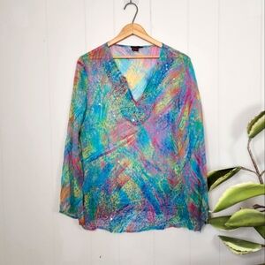 100% Silk DStudio Sheer Tunic Swim Cover-Up Top Boho Bohemian Summer Beaded